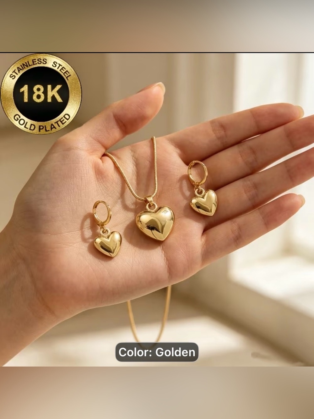 Golden Heart Pendant Necklace and Hoop Earring Set
